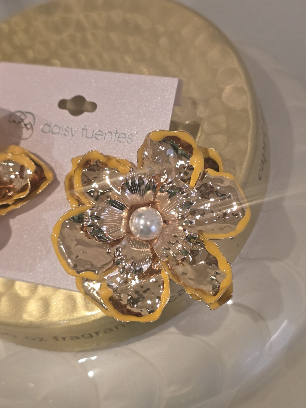 Daisy Fuentes Gold Flower Pearl Statement Earrings - Yellow Trim - Picture 2 of 4